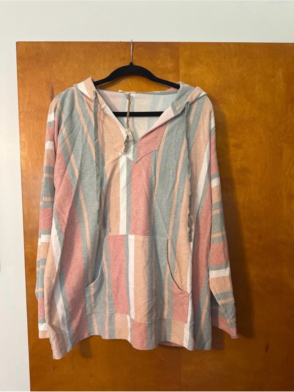 easel Striped Hooded Pullover Sweater in Pink, Peach & Gray